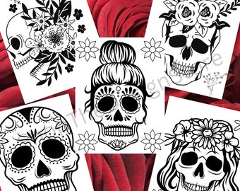 Skull Flower Coloring Book: 10 Printable Pages (Digital Download)