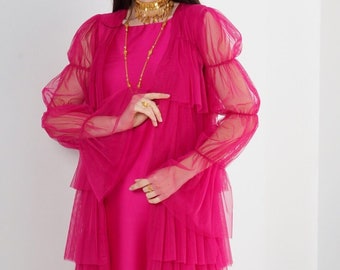 Wedding Tulle Jacket Topper/Sheer Hot pink Layered cover up/Sheer Wrap Coat with volume sleeves and cuff/Tulle Coat/Womens Jacket