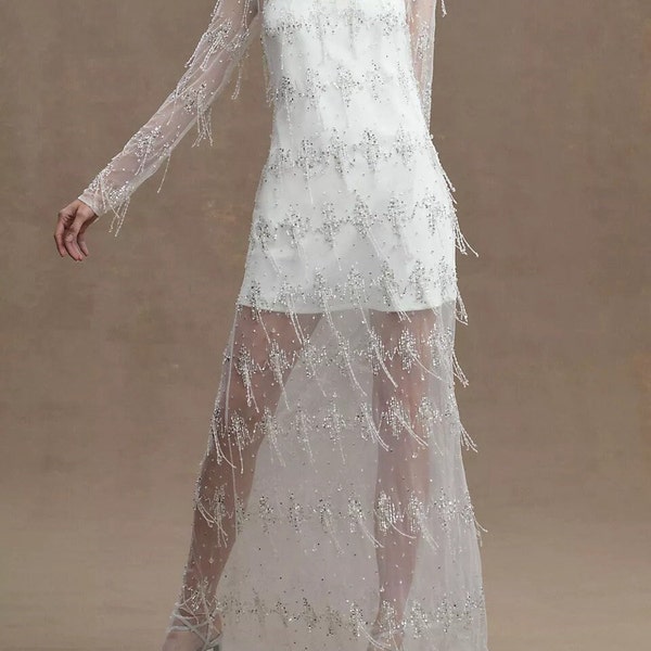Sheer Tulle Overlay with Sequence.Handmade embellished cover up.Tulle Cover up.Wedding Separates.Sheer Long-Sleeve Sweetheart Column Gown