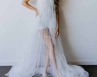 Tulle Overlay pearl High Collar Gown Dress/Bridal Overlay Pearl Cover up/Bridal Separates/Bridal Wedding Gown Pearl Overlay, Pearl Overdress