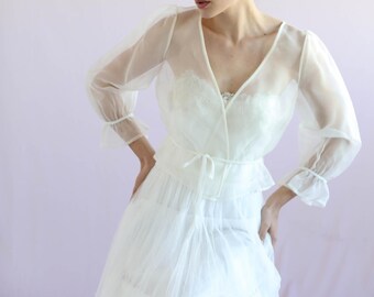 Wedding Dress Topper/Organza sheer ivory bridal blouse cover up/Sheer silk Organza Wrap Top with volume sleeves and cuff/Modern Bridal Top