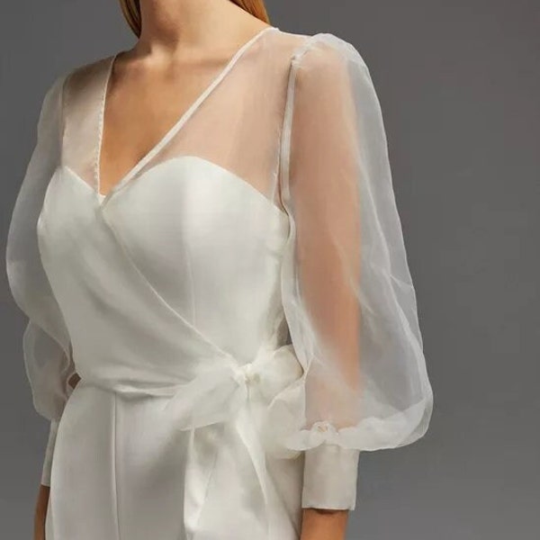 Wedding Sheer Cover Up/Organza Wrao Cover up for Bridal/Organza Blouse Bow tie Cover up/Minimal Wedding Dress Wrap Coat Style/Wrap Top