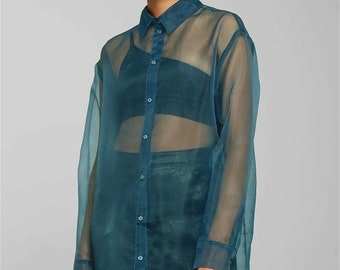 Classic long sleeve organza shirt. Transparent organza stylish shirt.Organza Shirt/Organza Shirt/Weekdays Long Sleeve Tops/Womens Blouse