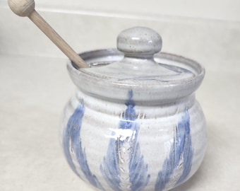 Vintage Studio Art Pottery Grey Glaze  Honey Jar with Spoon