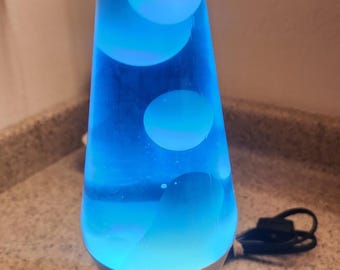 Vintage  14 inch Lava Lamp By Motion & Glitter  Blue with Silver Base