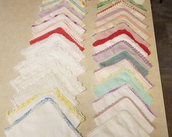 Lot Of 29 Vintage Handkerchiefs Hankies with Crocheted, Embroidered, Lace and Tated Edges