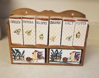 Rogers Hand Painted Ceramic Spice Containers With Wooden Rack Rooster Chicks Made In Japan