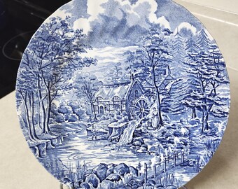 Vintage Alfred Meakin The Mill Scalloped Plate  1982 Blue Transferware