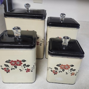 Vintage Hall Tin Square Canister set Yellow POPPY PATTERN Glass Knobs Set of 4
