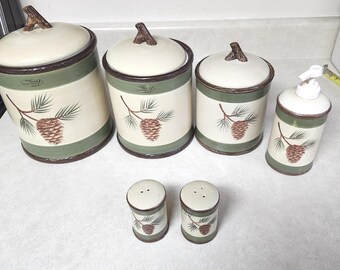 Vintage Pine Lodge Canister Set by Park  Set of 3, Salt and Pepper Shakers,  Soap Dispenser