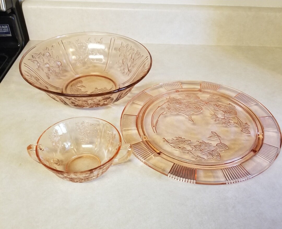 Sharon Pink Depression Glass Cabbage Rose Serving Bowl and Etsy