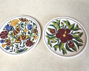 Vintage Manousakis-Keramik-Rodos Greece Floral and Butterflies Hand Made Plates Set of 2