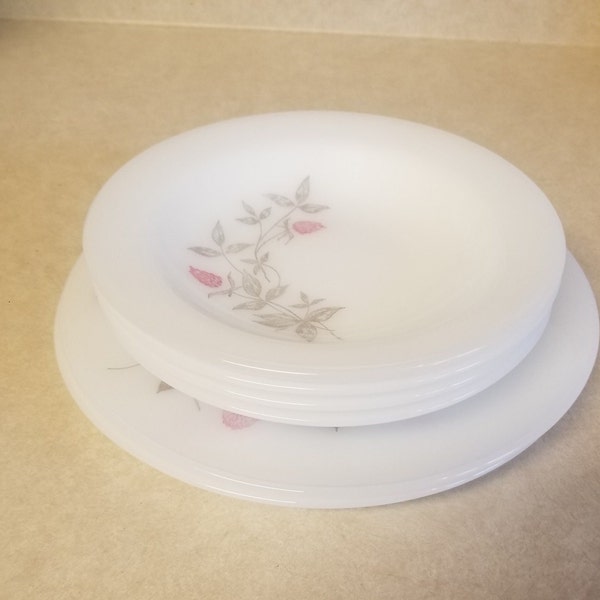 Vintage Federal Milk Glass Soup Bowls 8 Inch Silver Clover Pink Blossom Set Of Four and  Two 9.75 Inch Dinner Plates