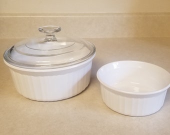 Vintage French Silk Corning ware  Round F-5-B with G-5-CA Lid and F-16-B Small Round Casseroles