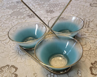 Vintage West Virginia Glass Three Turquoise Blendo Condiment Bowls Dishes with Carrier