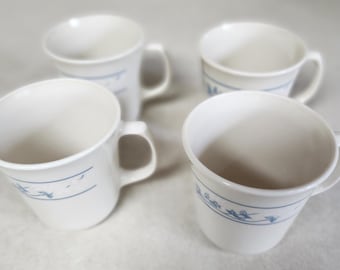 Vintage Corelle First of Spring White and Blue Edge Mugs  Set of 4