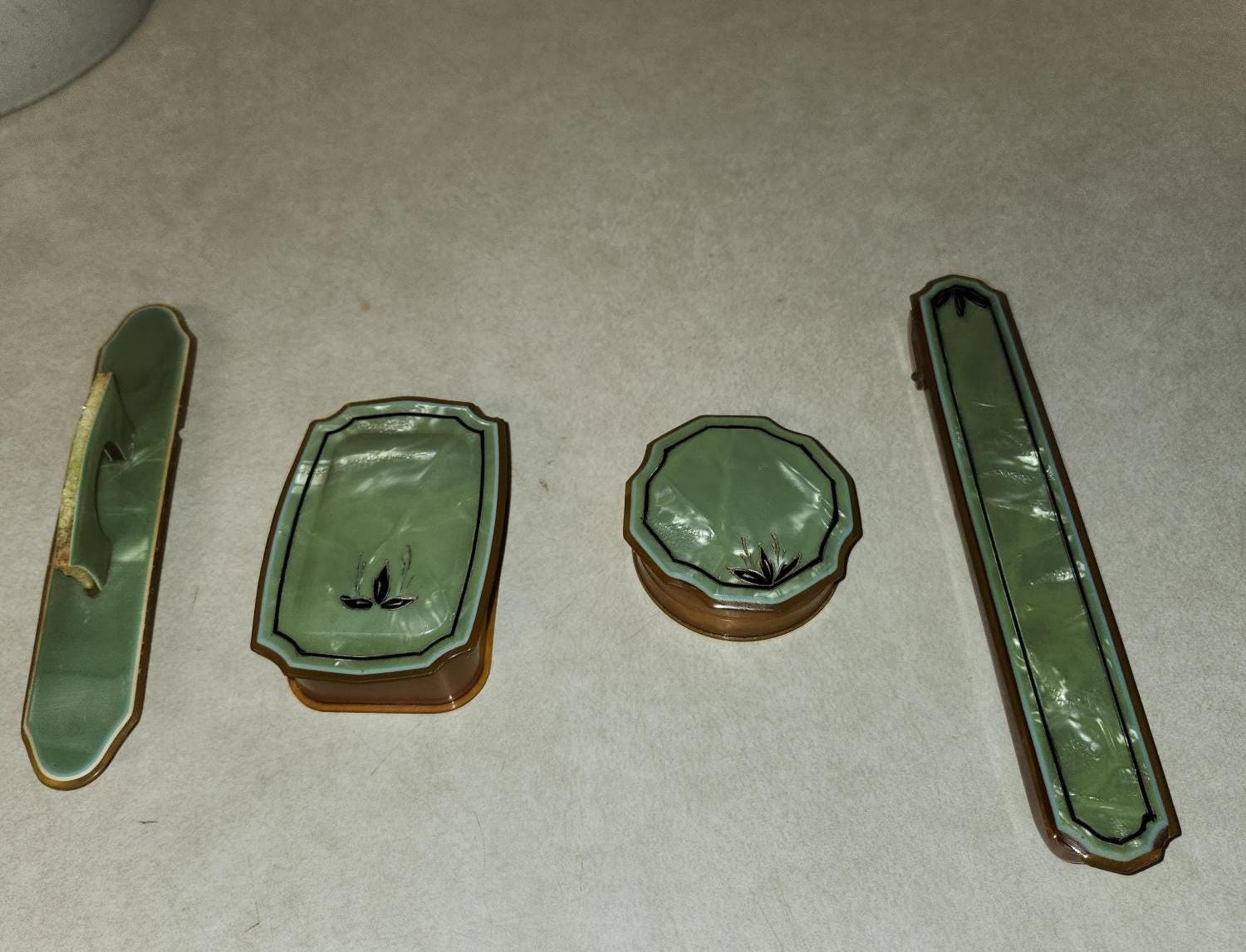 Vintage Vanity Set Green With Bakelite Bottom 4 Piece Comb Case, Powder Case, Nail Buffer, Trinket Case
