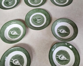 Vintage Colonial Homestead By Royal Green Berry Bowls  and Saucers 4 each Lot of 8