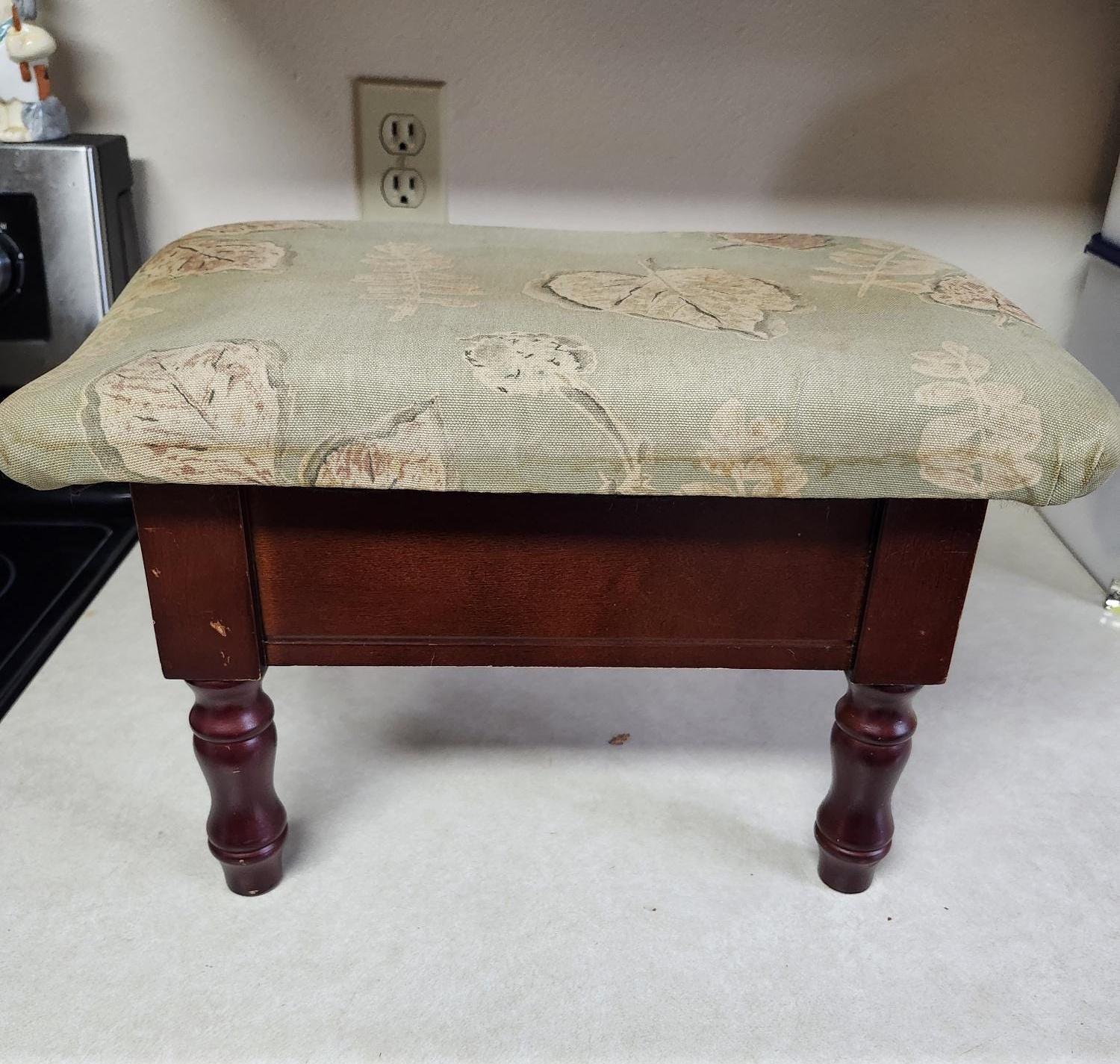 Vintage Wood Storage Footstool Hinged Leaf Pattern Cloth Top
