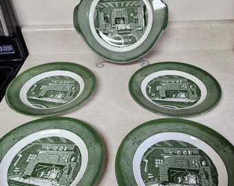 Vintage Colonial Homestead By Royal Green Log Cabin Fireplace Dinner Plates x4  and 1 Serving Platter