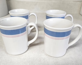 Vintage Corning Colonial Blue Mugs  with Blue Border with Pink Rings Set of 4