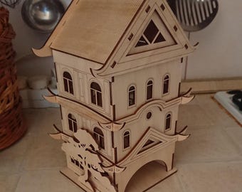 Asian Tea House Laser Cut File | Pagoda Vector Pattern for 3mm Wood, DIY Craft Project