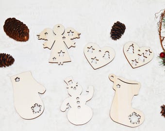 Laser Cut Christmas Decorations Bundle, Wood Cutout Ornaments Set, Snowman, Angel, Heart SVG