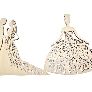 Hochzeitskleid mit komplizierten Mustern, Silhouetten von Paaren, Braut, einzigartig geformtes Kleid