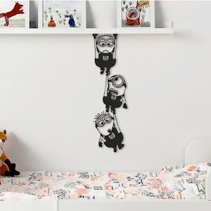 Décoration murale SVG Minions, fichier vectoriel de dessin animé drôle, art mural chambre d'enfant et chambre d'enfant, conception de découpe laser