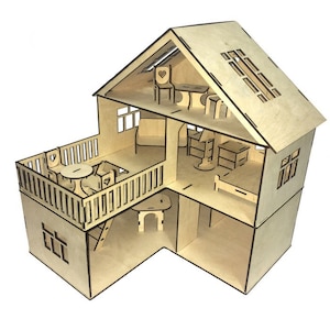 Poppenhuis plannen miniatuur meisje speelgoed 3D-model voor lasersnijden PDF SVG dxf cdr ai lightburn, 3mm materiaal, 41 cm hoogte