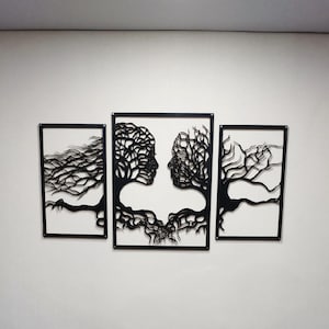 Décoration murale abstraite de visages d'arbres en métal, art triptyque découpé au laser, panneau intérieur de maison élégant
