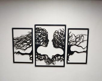 Abstract Tree Faces Metal Wall Decor, Laser Cut Triptych Art, Elegant Home Interior Panel