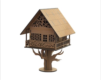 May include: A wooden treehouse model with a brown roof and intricate laser-cut details. The treehouse has a balcony and is perched on a wooden tree trunk.
