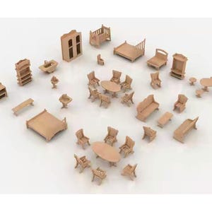 Lasergesneden minimeubelset SVG | Houten poppenhuismeubels op schaal 1:12 voor laserprojecten