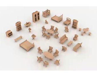 Laser Cut Mini Furniture Kit SVG | 1:12 Scale Dollhouse Wood Furniture for Laser Projects