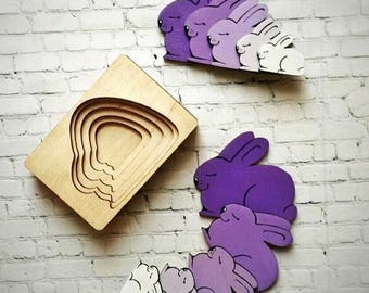 Gelaagde konijnenpuzzel SVG voor lasergesneden | Montessori Bunny Stacker Toy Vector File