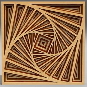May include: A square wooden wall decor with a geometric design of overlapping squares in shades of brown. The design creates a swirling, optical illusion effect.