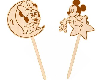 Minnie & Mickey Laser Cut Caketopper SVG | Baby Birthday Cake Decoration | Moon Star Vector for 3mm Wood
