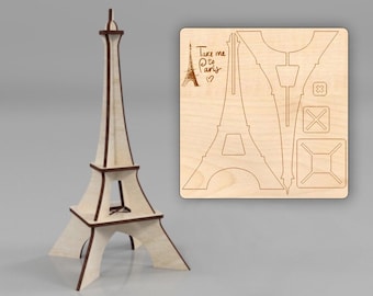 Eiffel tower snap out card, easy cut and assembly, file for laser cutting, DXF, SVG, PDF, ai, cdr