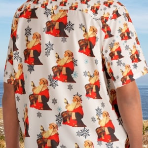 Christmas Button Down Hawaiian Shirt Holiday Warm Weather Travel Shirt | Men&#39;s Christmas Bowling Shirt | Ugly Christmas T-shirt