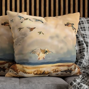 Flying and Hunting Duck Broadcloth Pillow | Lumbar Cushion | Bird or Duck Hunter Gift for Father&#39;s Day | Man Cave Home Decor
