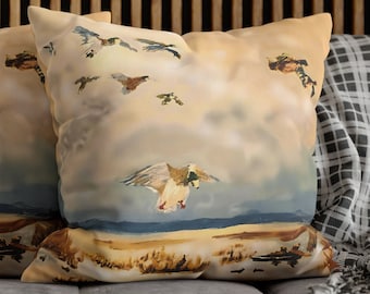 Flying and Hunting Duck Broadcloth Pillow | Lumbar Cushion | Bird or Duck Hunter Gift for Father's Day | Man Cave Home Decor