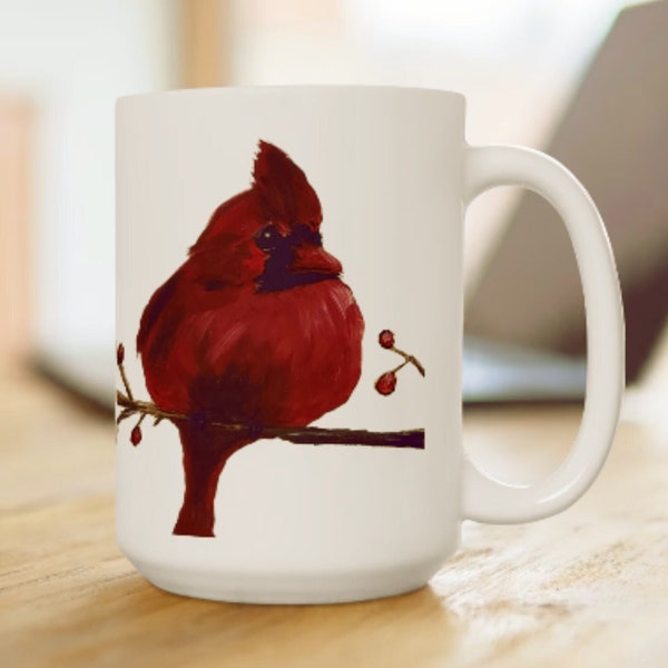 Red Cardinal Bird White Ceramic Mug | 15oz Unique Printed Winter Lover Tea Cup | Minimalist  Double-Sided Coffee Mug for Cardinal Lover