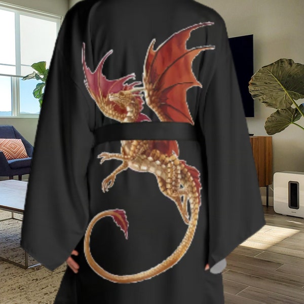 Dragon Long Sleeve Kimono Robe | Satin Power Bathrobe For Men or Women | Sleepwear Dressing Gown | Silky Feel Bath Robe