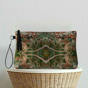 Bolsa de pulso de couro vegano abstrato verde, bolsa de maquiagem, estojo de lápis, presente para amantes da natureza, inspirado na natureza