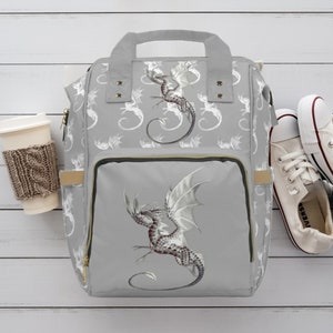 Grey Dragon-Themed Multi-Function Backpack - Tech, Travel, School Bag - Multi-Use School, Diaper, Laptop Bag