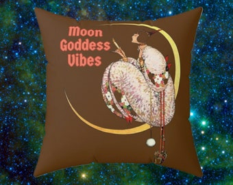 Oreiller carré Moon Goddess Vibes | Oreiller décoratif d'intérieur à fermeture éclair mignonne céleste | Oreiller marron en polyester filé unique pour une décoration de chambre à coucher