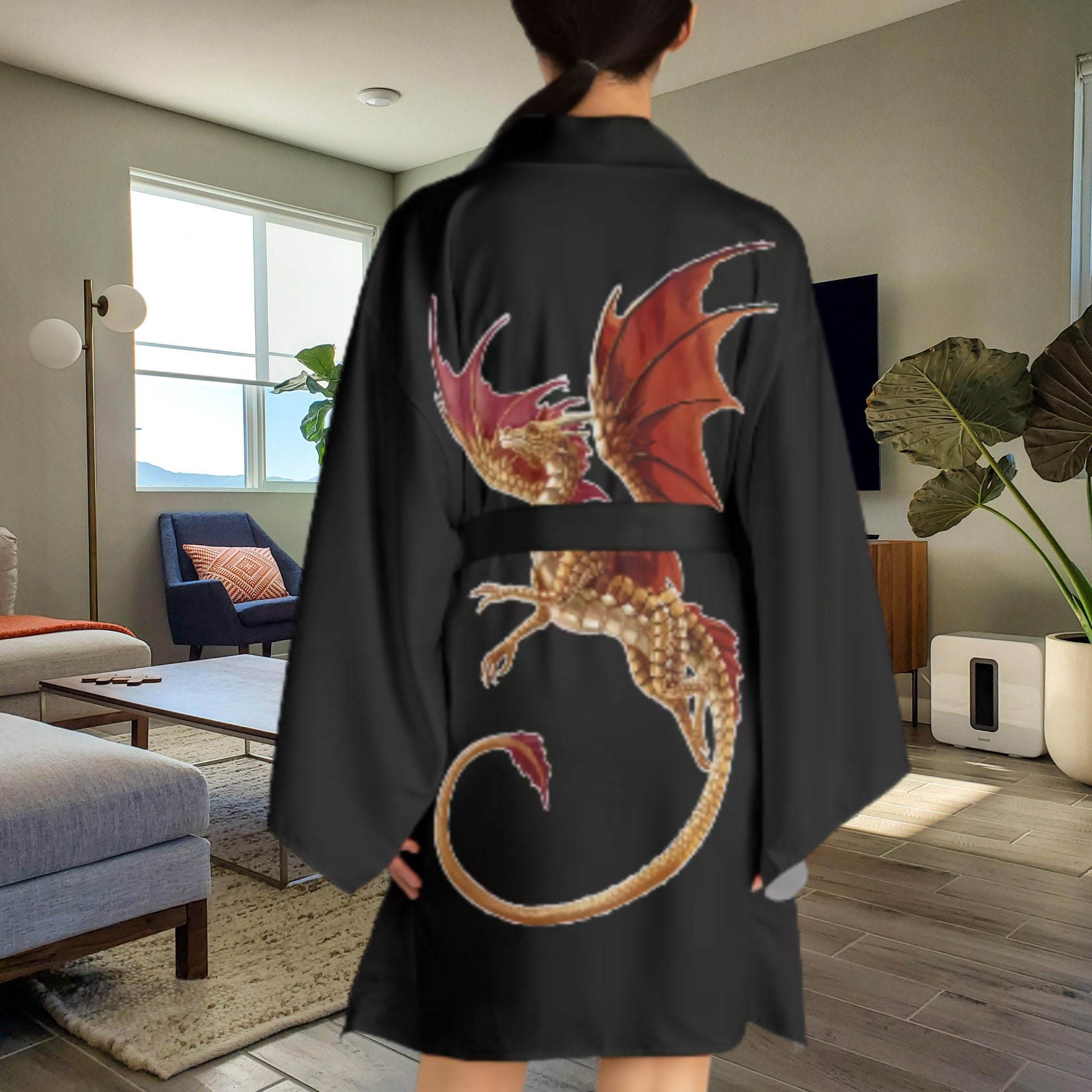 mens silk dressing gown dragon Dragon Long Sleeve Kimono Robe | Satin Power Bathrobe for Men or Women |  Sleepwear Dressing Gown | Silky Feel Bath Robe