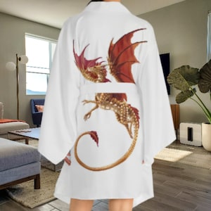 Dragon Long Sleeve Kimono Robe | White Satin Power Bathrobe For Men or Women | Sleepwear Dressing Gown | Silky Feel Bath Robe