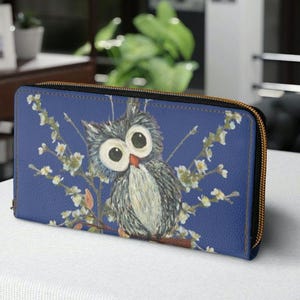 Cartera con cremallera de búho azul, piel sintética negra, soporte para teléfono personalizado, 20 x 11 cm / Bonita cartera para mujer con cremallera / Cartera para mujer, regalos para ella